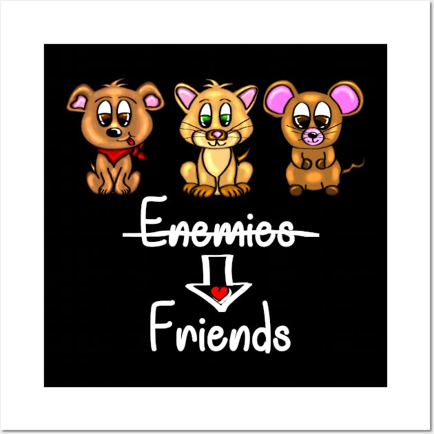 Enemies and Friends - Dog, cat, mouse - white Wall Art by emyzingdesignz